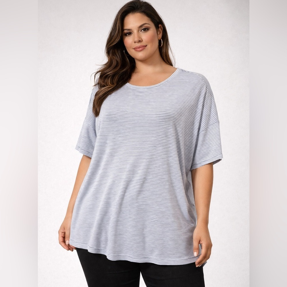 💙 Terra & Sky Women’s Crewneck Tee – Oxford Blue Stripe, Plus Size 1X  💙 - Picture 11 of 12